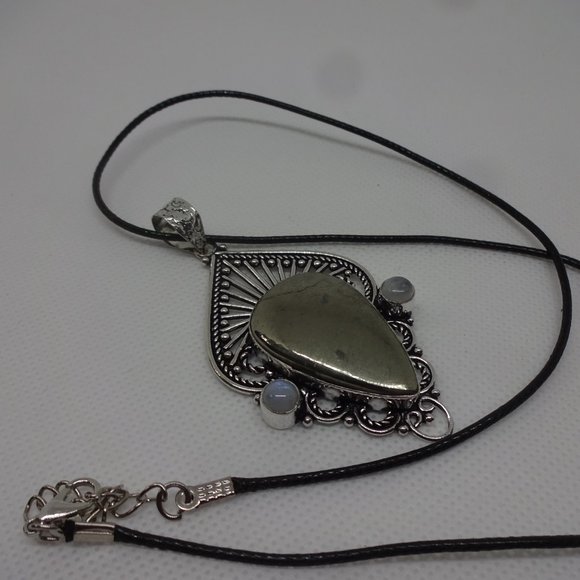 Ornate "APACHE PYRITE & MOONSTONE" Handmade Sterling Pendant on a 18" Cord #186 - Picture 2 of 3